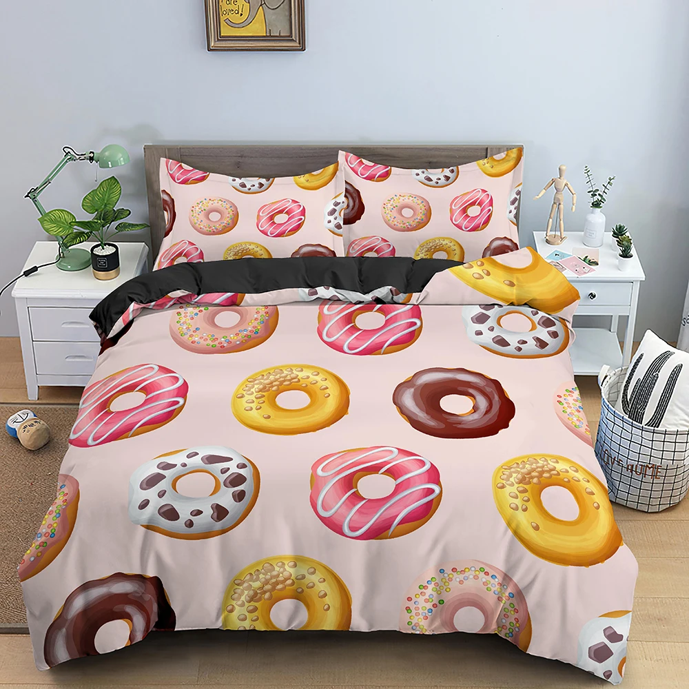

Colorful Donut King Size Duvet Cover Cartoon Sweet Dessert Bedding Set for Kids Girl Food 2/3pcs Polyester Quilt Cover Chocolate
