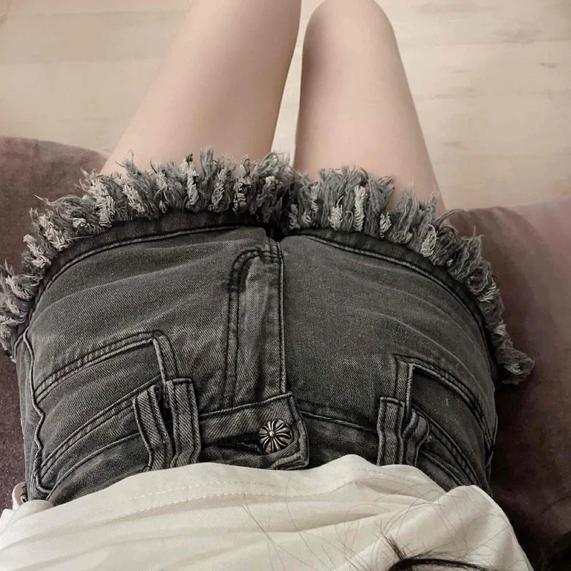 Summer Retro Gothic Denim Patch Shorts Ladies Trend High Street Harajuku High Waist Wide Leg Pants Loose Hot Girl Style