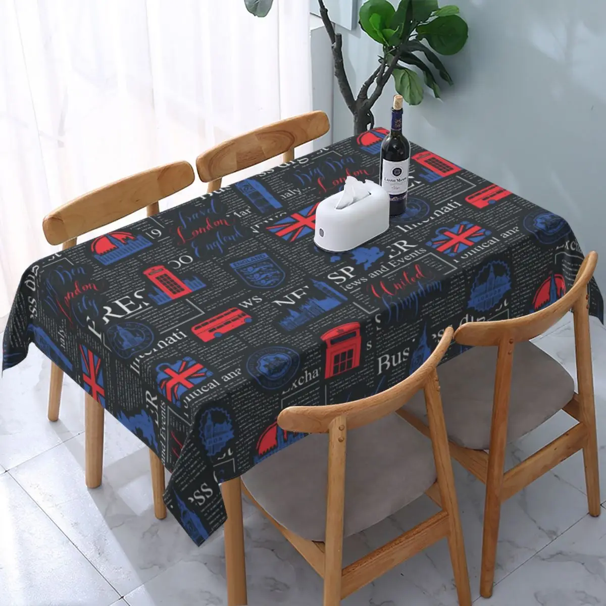 

Rectangular United Kingdom London Pattern Tablecloth Backed Elastic Edge Table Cover 45"-50" Fit UK British Symbol Table Cloth
