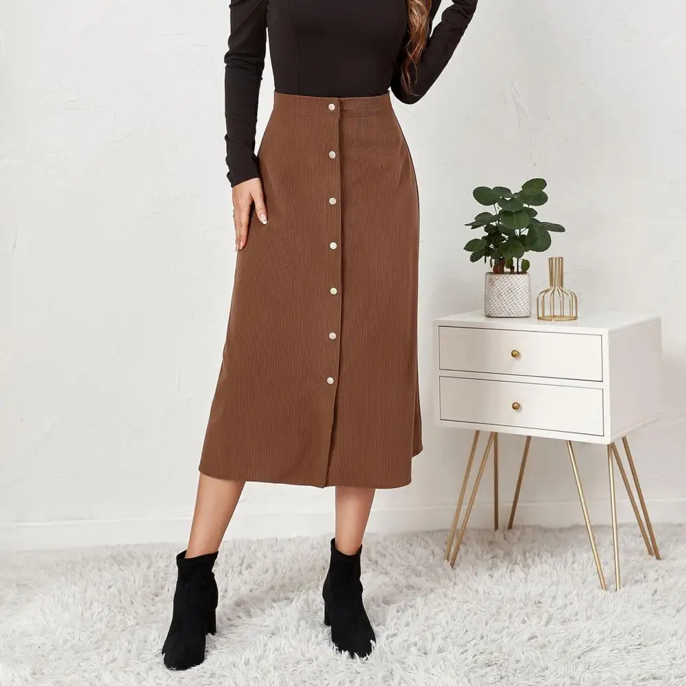 

Chic Midi Skirt Anti-pilling Winter Skirt Mid-calf Length Office Lady Vintage Corduroy Midi Skirt Versatile