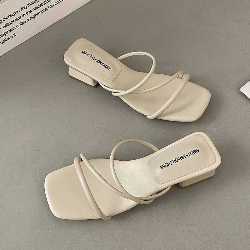 2023 Elegant Slip-On Heels Slippers Summer Vintage Square Heels Thin Strap Sandals For Women Fashion Black White Shoes Lady Hot