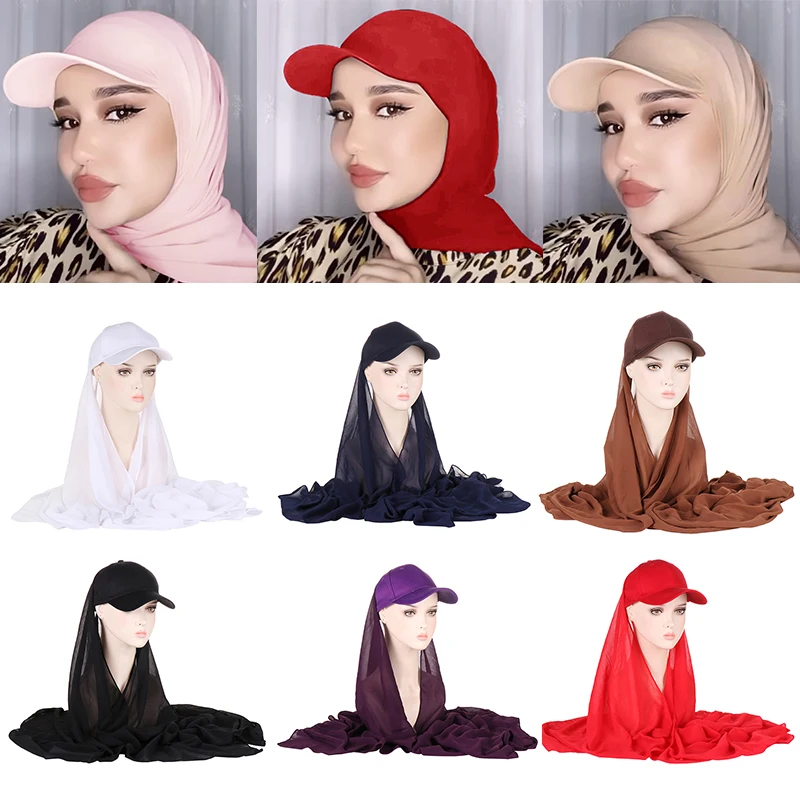 

2-piece Set Bandana Turban Hat Solid Color Shawl Instant Hijab Baseball Hat Baseball Cap Hijab Sports Style Hijab Scarf