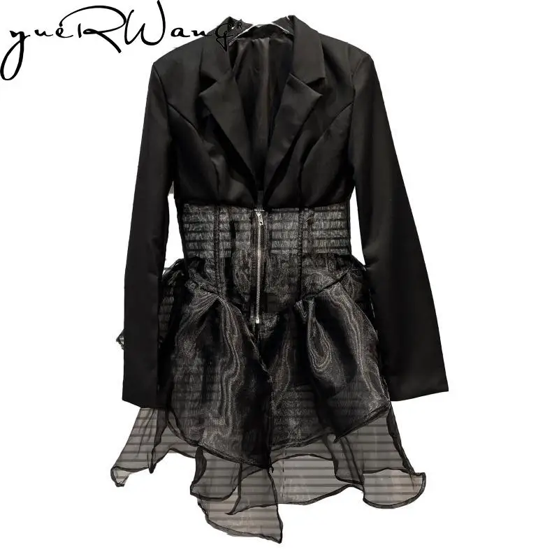 

YUERWANG Women Blazer Mesh Spliced Zipper Full Sleeve Ladies Black Suit Coat Temperament Long Women's Slim Suit Jacket Top 2022