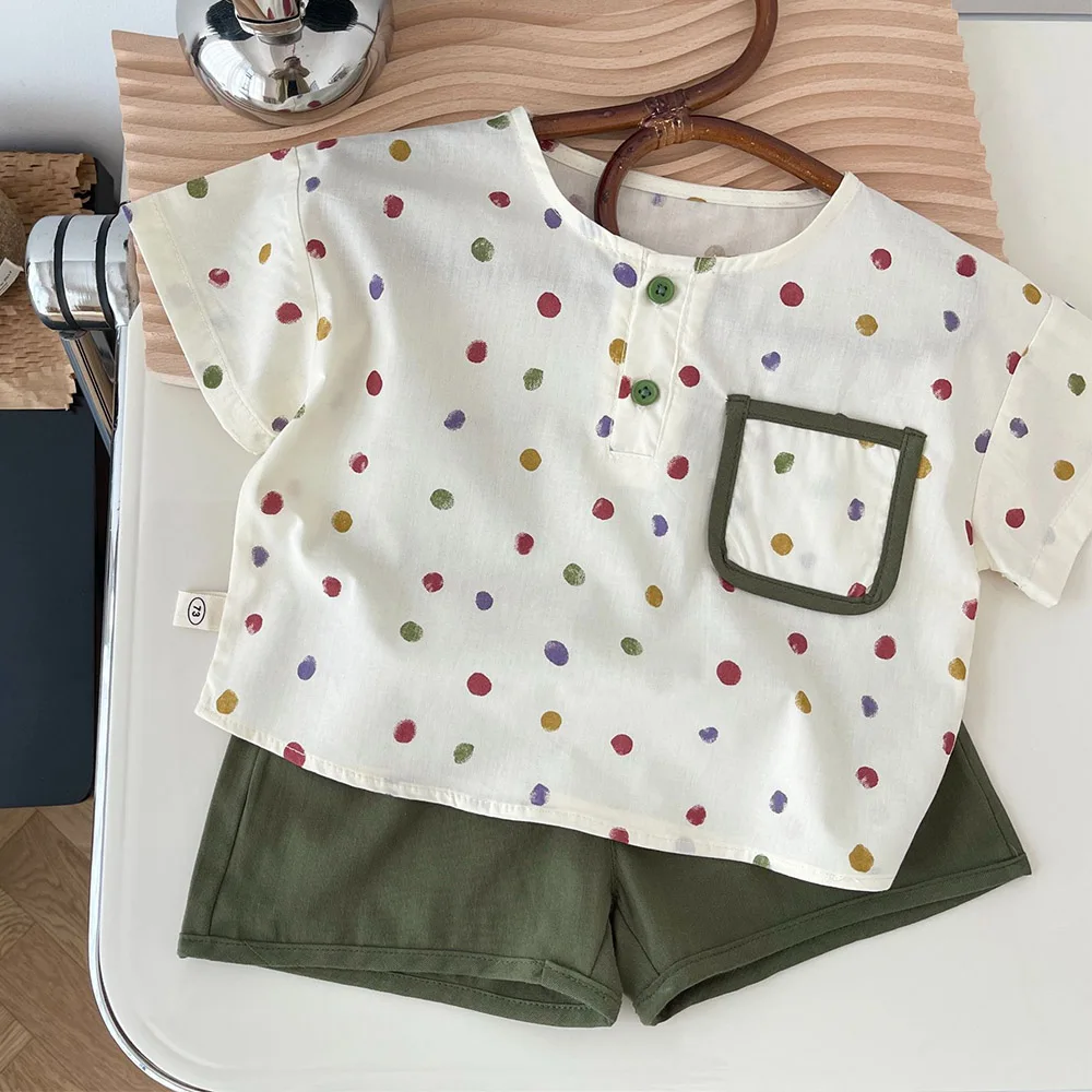

Toddler Boys Summer Outfits Cotton Dot Shirts + Short Pants Two Pieces Fashion Kids Clothes