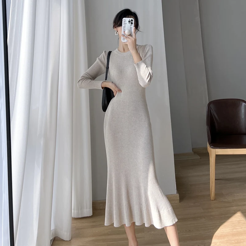 

Vestidos Chic High Waist Fashion Elegant Casual Holiday Ladies Bohemian Party Knitting French Apricot Long Sleeve Club Dresses