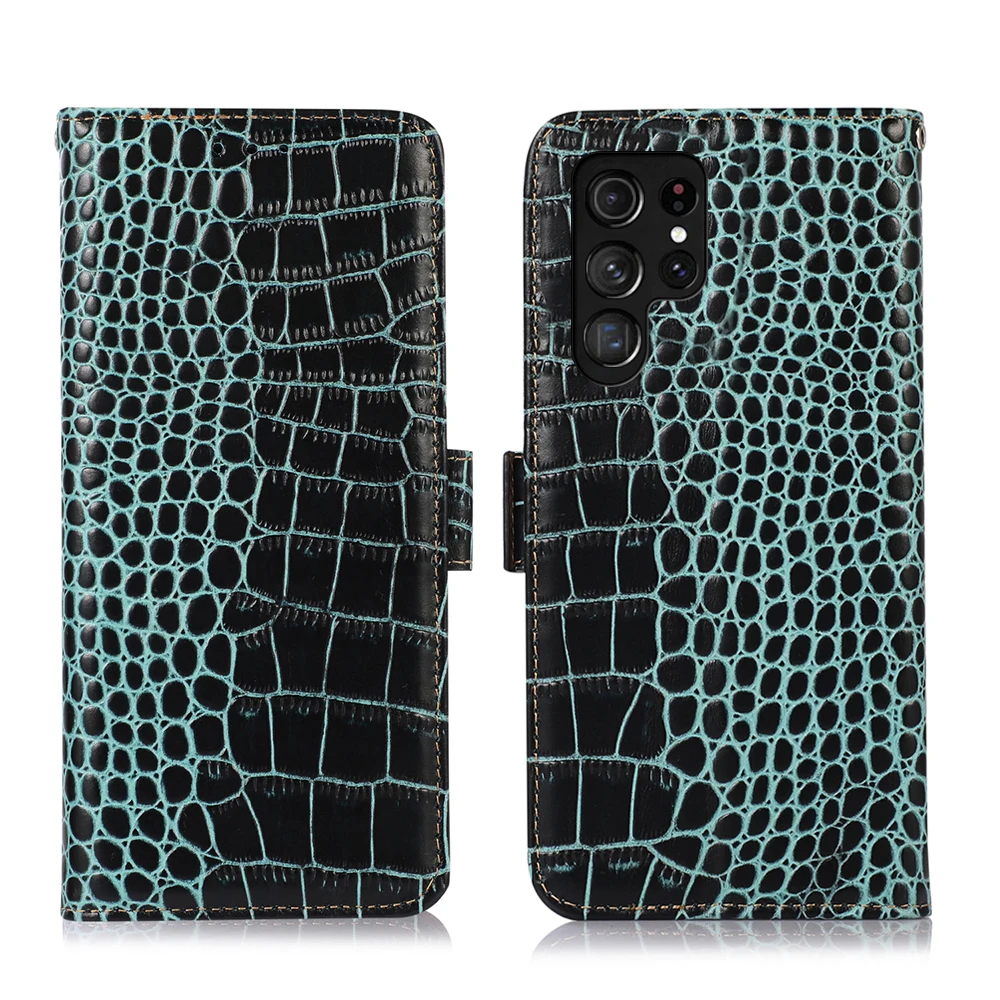 

Флип-чехол из натуральной воловьей кожи для Samsung Galaxy S23 Ultra S22, Магнитный чехол-кошелек с замком под кожу аллигатора и отделением для карт