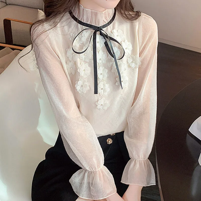 Женская шифоновая блузка с цветочным принтом длинным рукавом и оборками