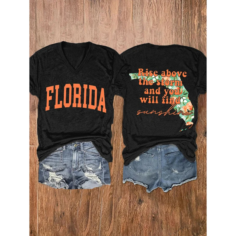 

Rheaclot Florida Stronger Than The Storm Printing V-Neck Women's Retro Vintage Cotton T-shirt