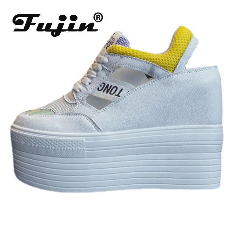 

Fujin/женская летняя обувь из натуральной кожи на платформе 12 см; Кроссовки на танкетке; Босоножки на высоком каблуке с перфорацией; Модные кро...