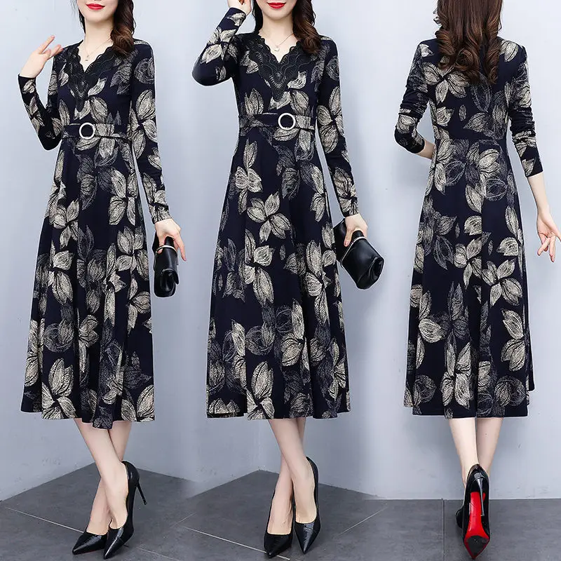 

Женское длинное платье с V-образным вырезом и принтом, новинка весны 2022, женское облегающее платье в стиле ретро с длинным рукавом, винтажное...