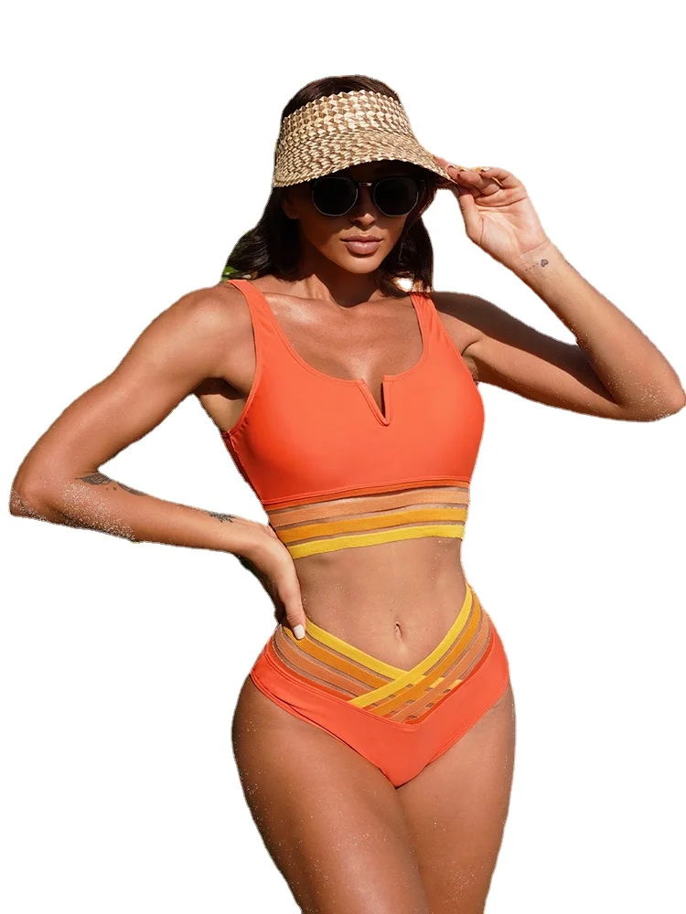 

Однотонное бикини с высокой талией и V-образным вырезом для женщин, купальник с поясом для дам, Цельный купальник для вечеринки