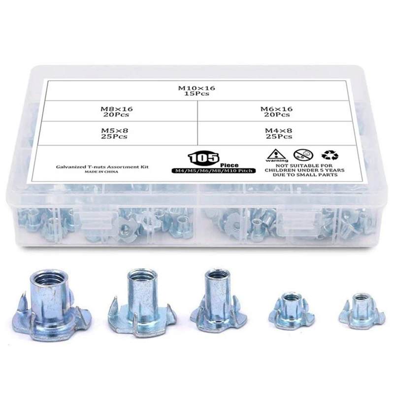 

105 Pieces Of M4 5 6 8 10 Galvanized Steel T-Nut Four-Claw Nut Sorting Kit Suitable For Wooden Cabinet Furniture
