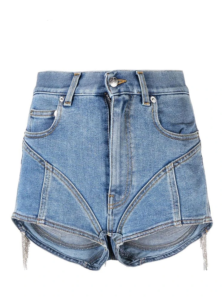 CHICEVER Patchwork Diamonds Tassel Denim Shorts For Women High Waist Solid Slimming Bodycon Short Trousers Female Summer 2023