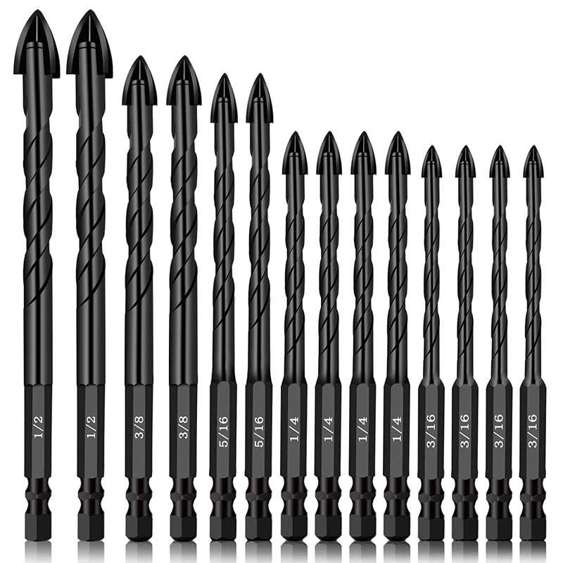 

14 Pcs Masonry Drill Bits, 1/4Inch Hex Shank Concrete Drill Bits Set For Ceramic Tile, Brick, Glass, Plastic And Wood