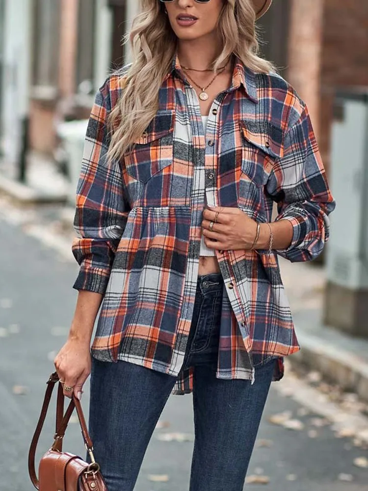 

Женская длинная рубашка в клетку, свободная клетчатая блузка с длинным рукавом, XXL, осень 2023