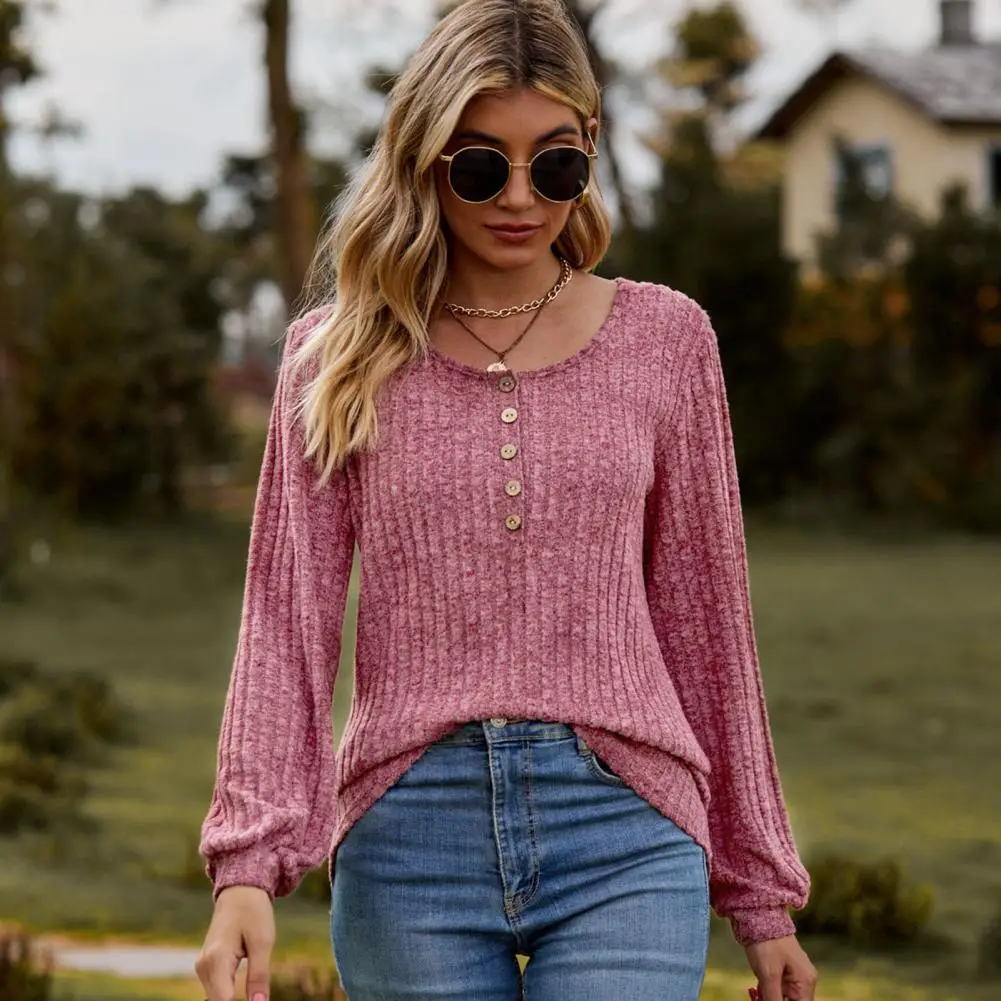 

Loose Blouse Stylish Women's Striped Texture T-shirt Button Decor Elastic Cuff Soft Breathable Fabric for Spring Autumn Button