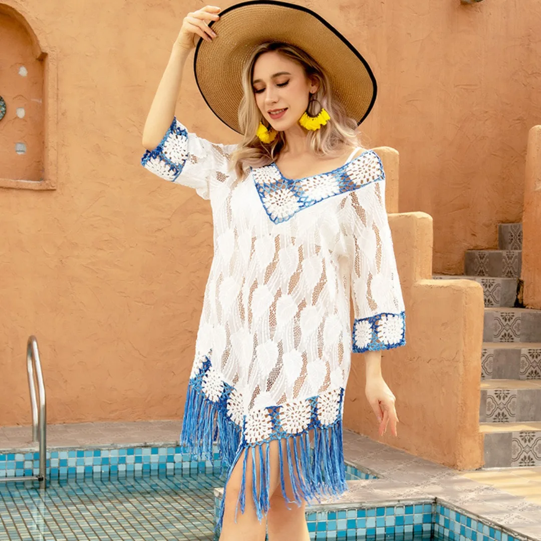 

Bohemian Beach Bikini Hollowed Out Sexy Crochet Tassel Air Conditioning Smock Sunscreen Clothing Beach Cover Ups for Women