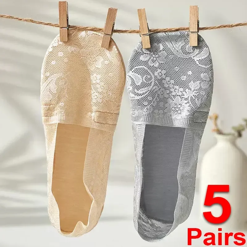 

Носки женские кружевные, носки-невидимки с цветочным узором, шелковые Нескользящие, дышащие, низкие, кружевные, 5 пар, летние