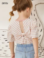 amii summer girls clothes stripe short sleeves t shirt loose casual 3 12y kids tops hollow bow 3 12y kids children tees 22230057