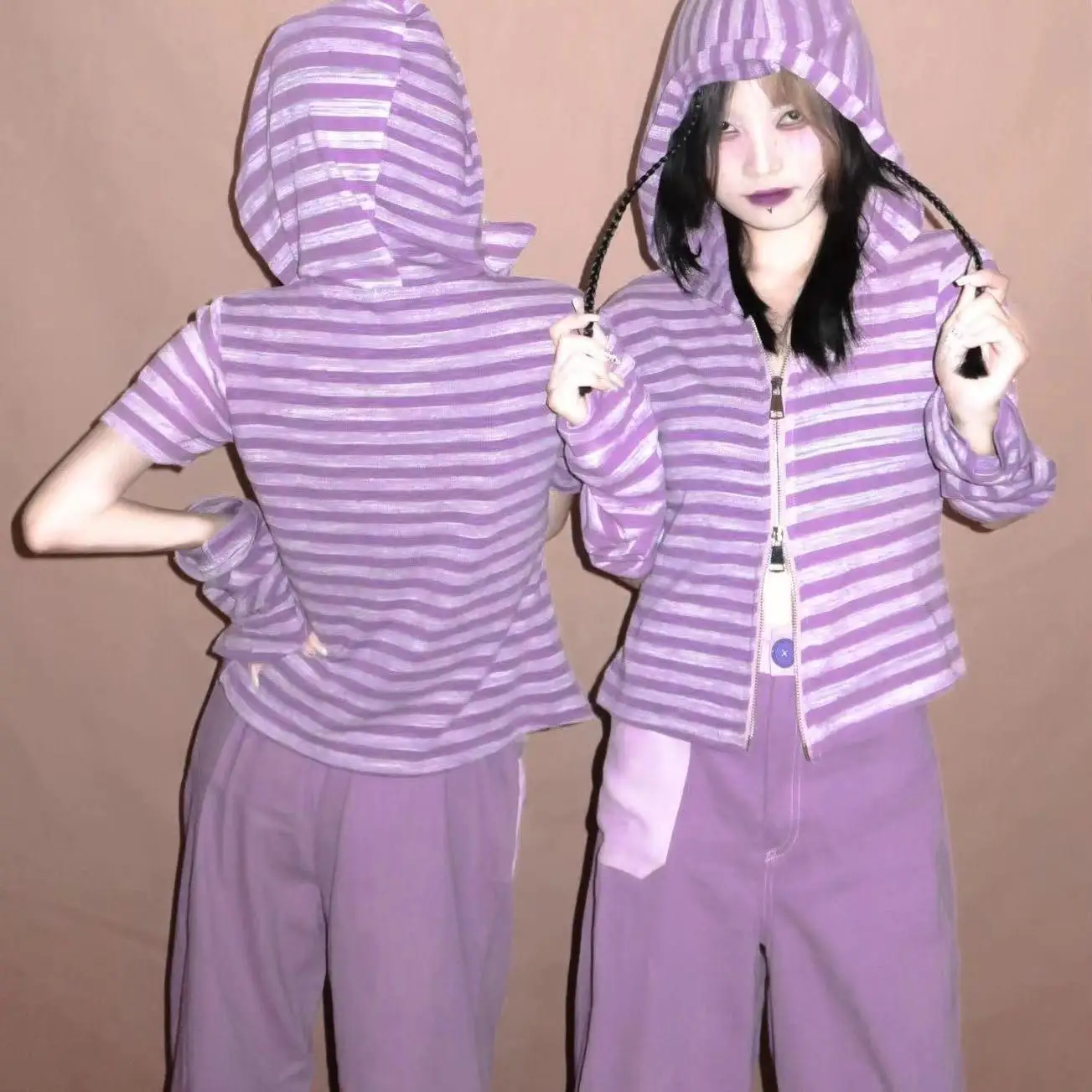 

2023 Purple Punk Striped Summer Hoodies Women Thin Short Sleeve Y2k Aesthetic Zip Up Hoodie Gothic Harajuku Sweatshirt Femme 90s