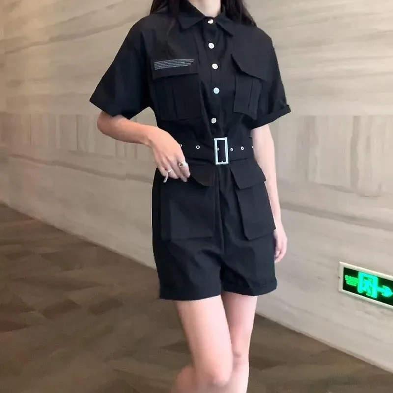 

Women Casual High Waist Loose Black Romper Female Fashion Button Wide-leg High Street Cargo Short Playsuits College Streetwear