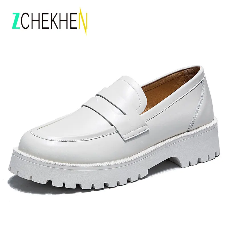 

White Black Chunky Loafers Women Split Leather Platform Shoes Round Toe Slip on Ladies Flats Handmade