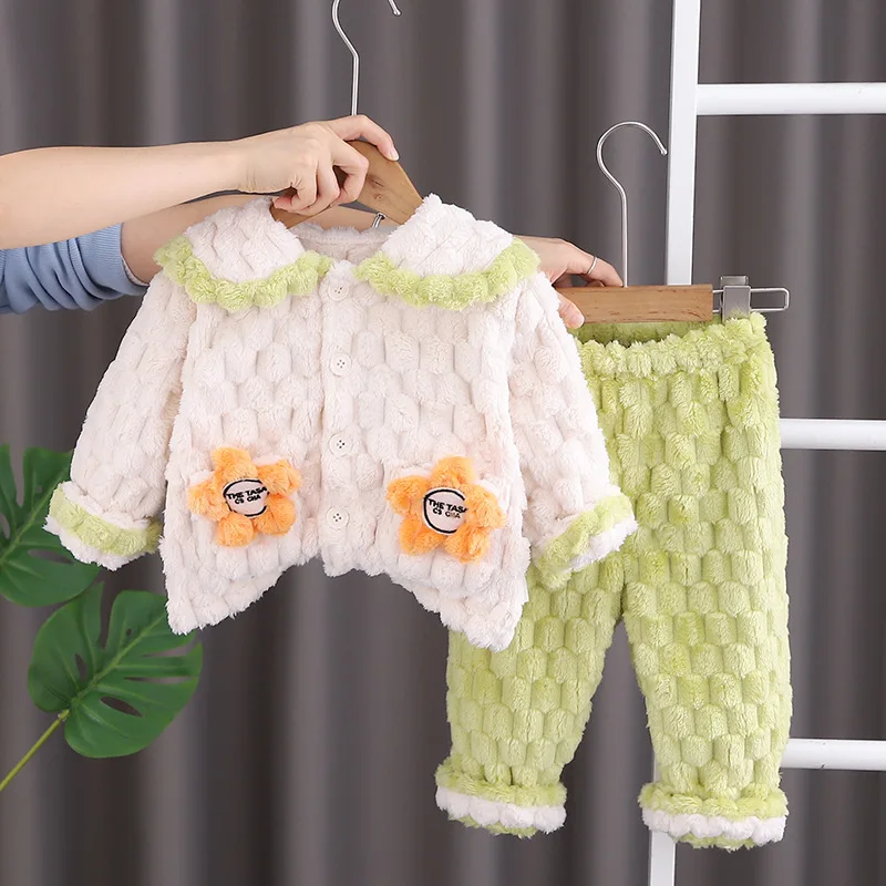 

Комплект одежды для девочек из 2 предметов, Корейский пиджак с цветочным принтом, отложным воротником и карманами, флисовые штаны с узором ромбиками, одежда для маленьких девочек, Осень-зима