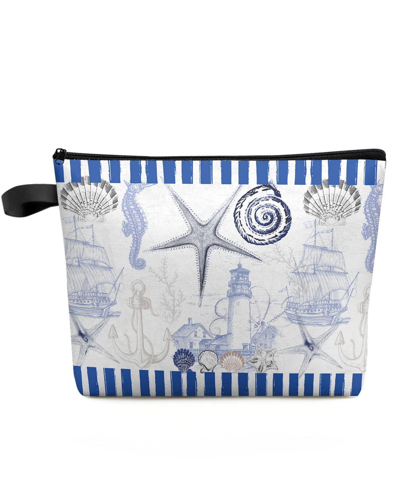 

Marine Stripes Ocean Shells Starfish Lighthouse Anchor Makeup Bag Pouch Women Cosmetic Bags Organizer Storage Pencil Case