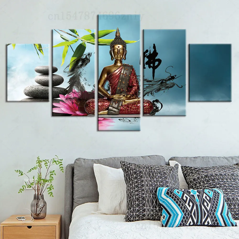 

5 панельных художественных картин Будда религия Печать дзен камень бамбук холст домашний декор Плакаты Декор комнаты эстетика HD печать стены