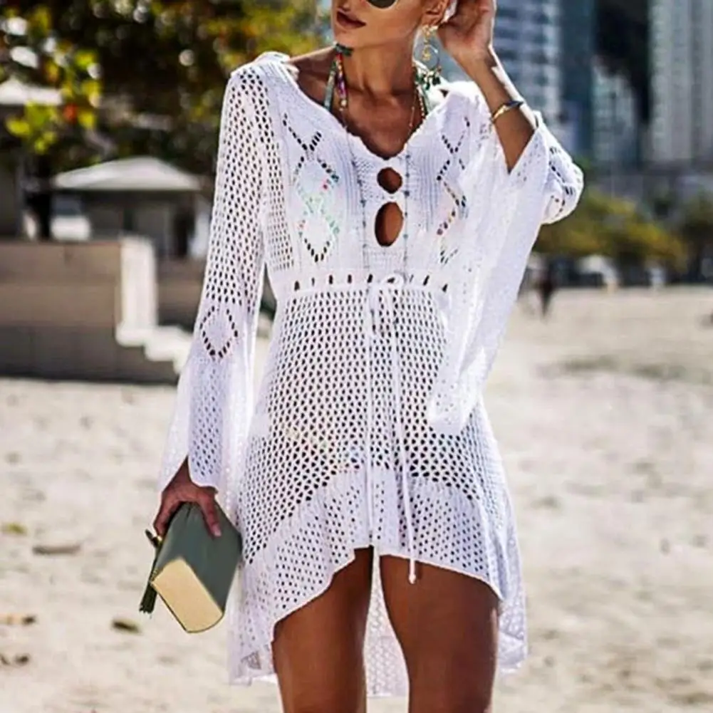 2022 Beach Cover Up Crochet Knitted Tassel Hollow Out Women Flared Sleeves Sexy See-through Beach Dress Swimwear Cover Up