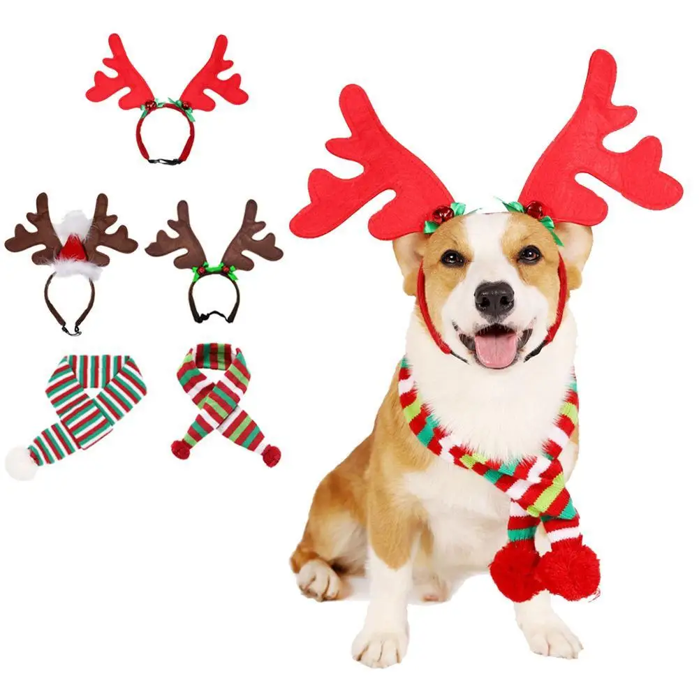 

Pet Dog Christmas Antler Hairbands Striped Scarf Soft Comfortable Without Hurting Hair Pet Accessories