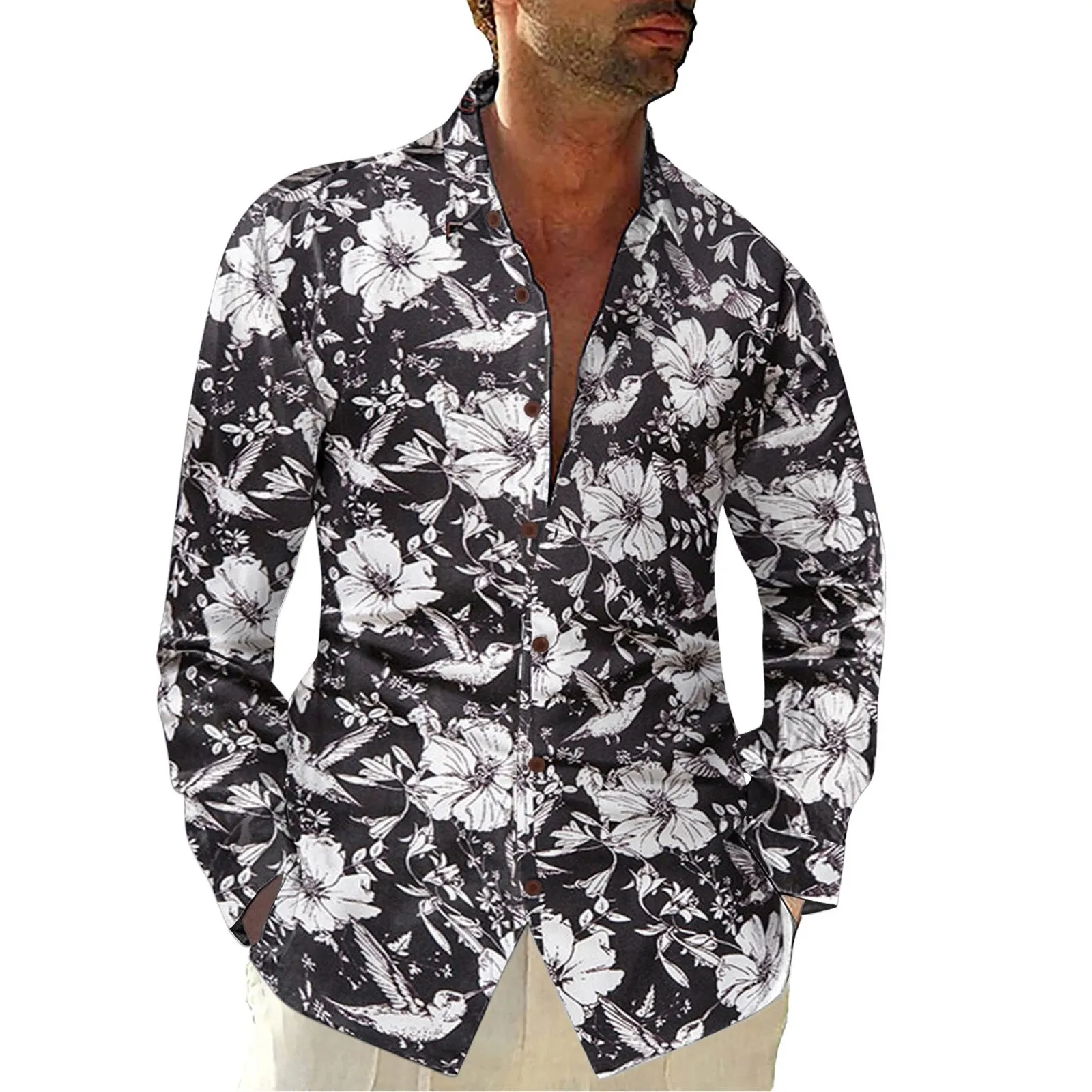 

Рубашка мужская с длинными рукавами, Повседневная блуза с принтом металлик, с большими лацканами, с длинным рукавом, с маленьким рукавом, св...