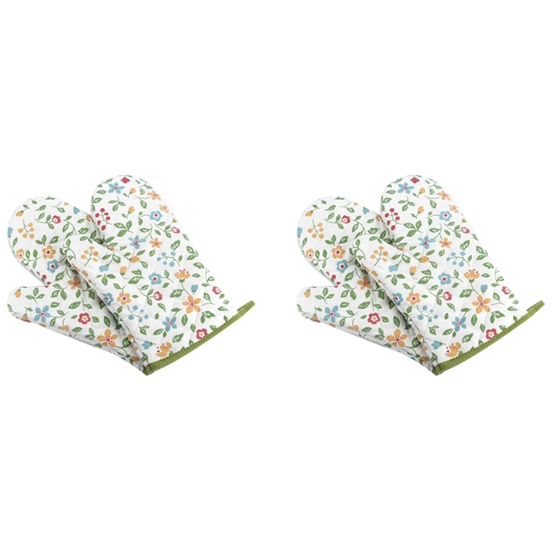 

2 Pair Oven Mitts Floral Kitchen Gloves For Oven Cooking, And BBQ Non Slip Gloves, Cotton Lining & Hanging Loop Green