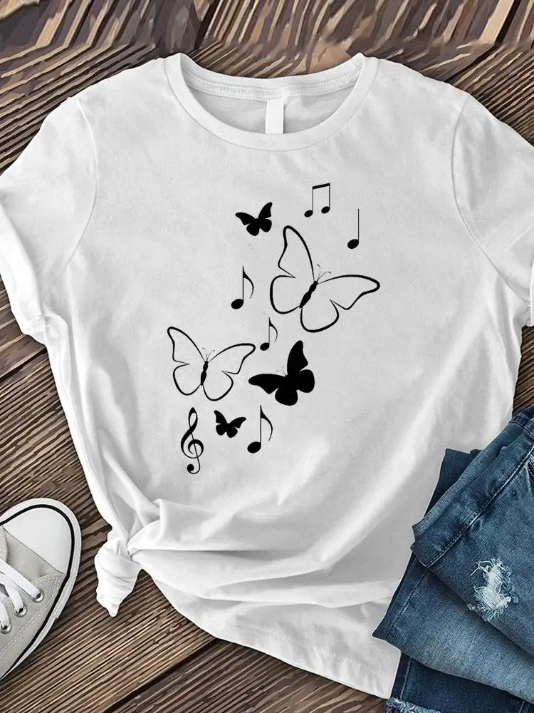 

Clothes Summer Ladies Print T Fashion Women's Clothing Butterfly Printing Music Trend Short Sleeve Graphic Tee Female T-shirts