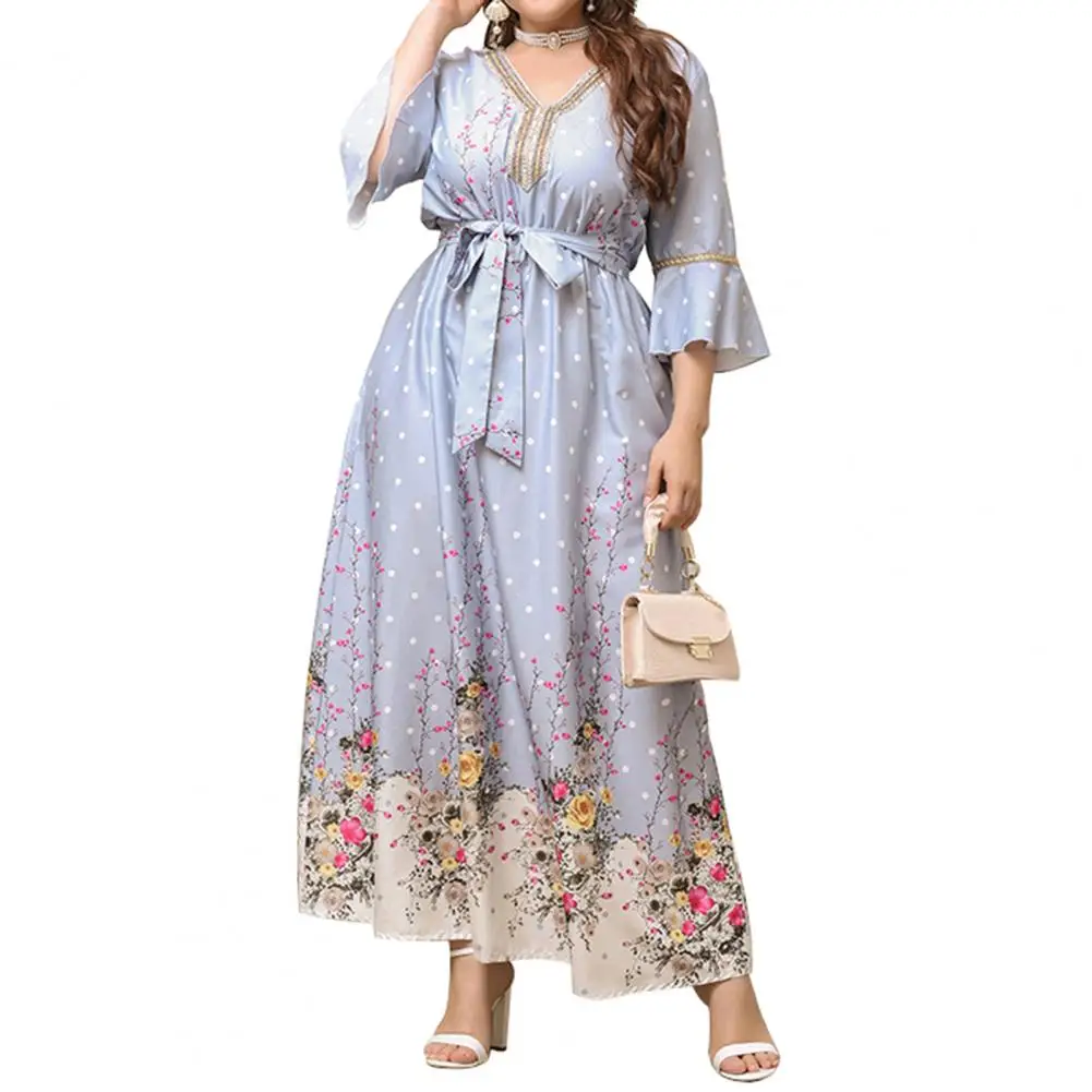 

Flare Sleeve Belt Plus Size Women Dress Formal Flower Branch Print Long Large Hem Maxi Dress Autumn