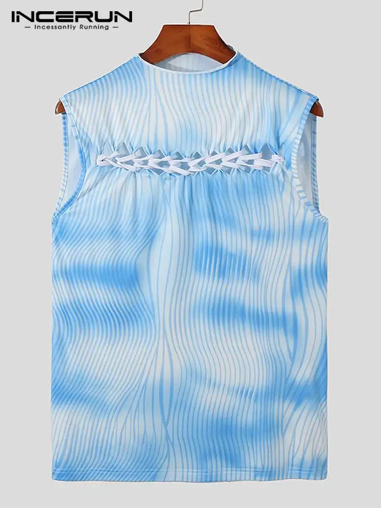 Stylish Men's Abstract Printing Wavy Waistcoat Casual Streetwear Male Print Sleeveless Striped Tank Tops S-5XL INCERUN Tops 2022
