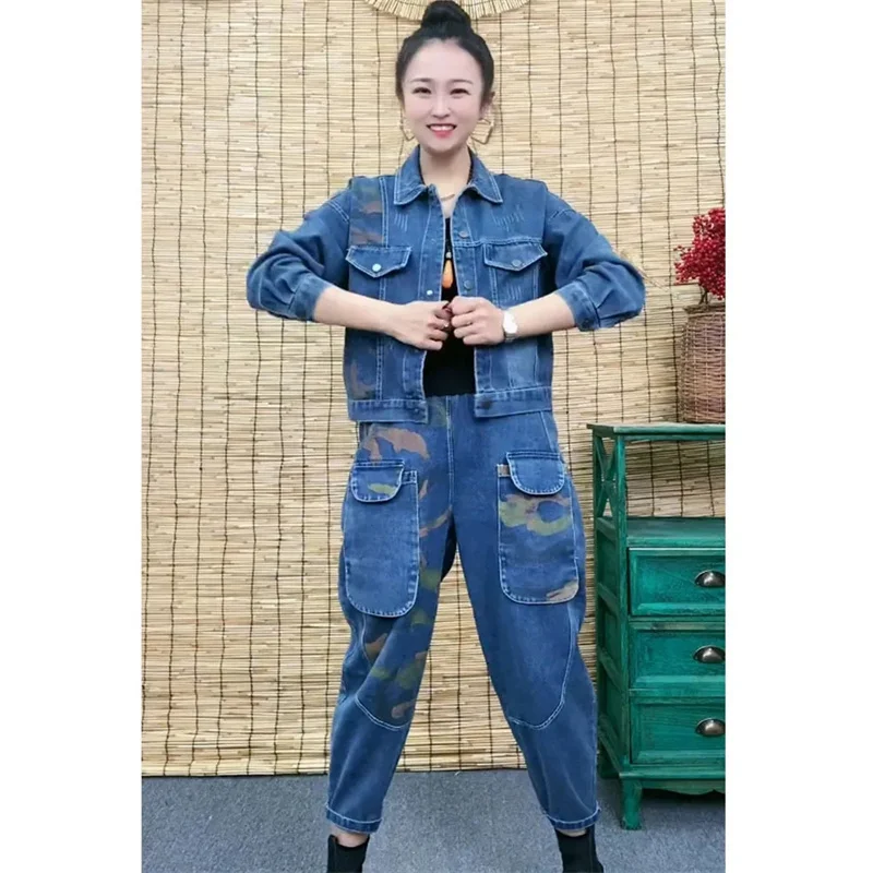 Женский джинсовый костюм с принтом в стиле ретро длинными рукавами ковбойский