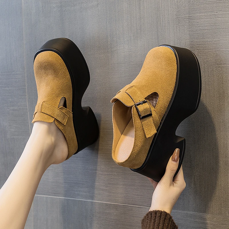 AIYUQI Women's Sippers 2023 Spring High-heel Platform Retro Women's Loafers Casual Square Toe Genuine Leather Mules For Ladies