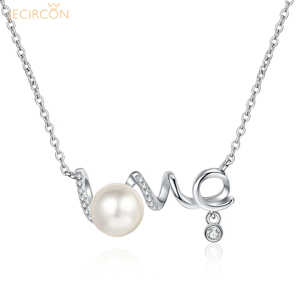 

JECIRCON 925 Sterling Silver Moissanite 8MM Pearl Necklace for Women LOVE Simple Pendant Versatile Korean Version Clavicle Chain