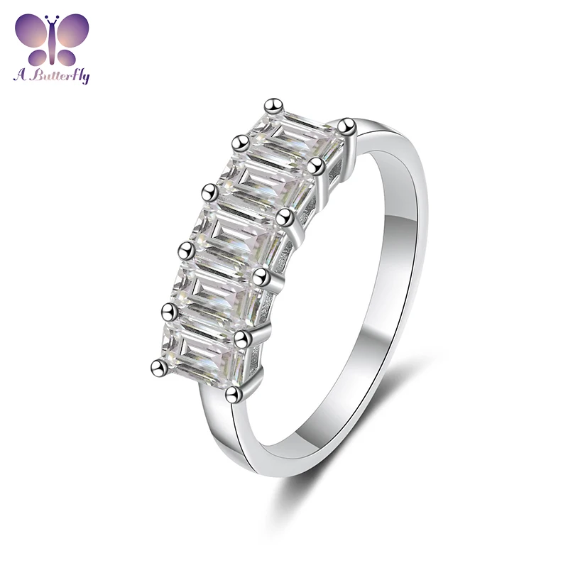 AButterfly D Color Moissanite 2.5 Carat 5 Stone Emerald Cut 925 Sterling Silver Women's Wedding Ring Fine Jewelry