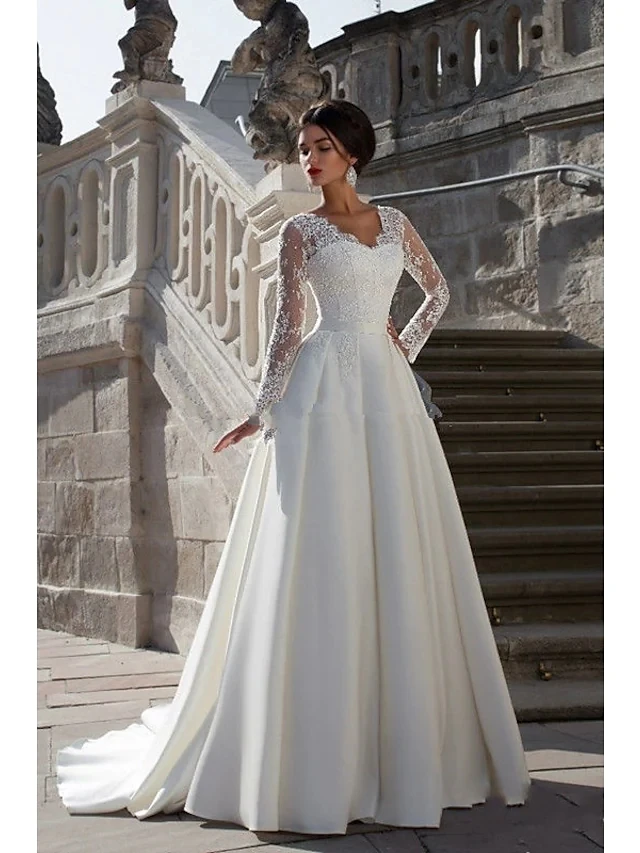 

Elegant A-Line Wedding Dresses Satin Court Train Lace Satin Long Sleeve Bridal Gowns Formal Dress with Appliques