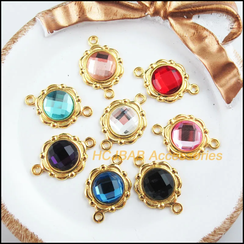 

Fashion 16 New Flower Charms Gold Color Retro Round Mixed Crystal Connectors 15x23mm