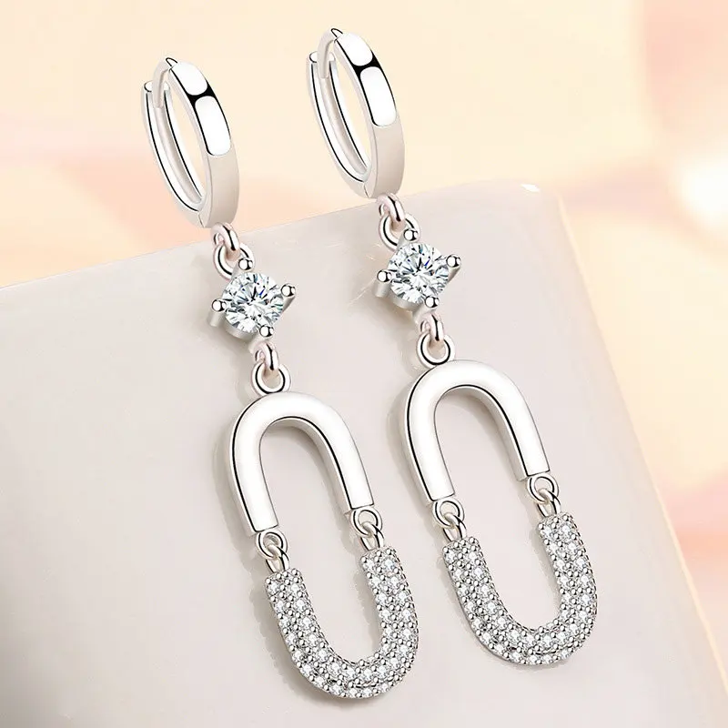 

S925 Sterling Silver 50MM Fine 2 U Shape Zircon Earrings For Women Fashion Wedding Engagement Gift Jewelry