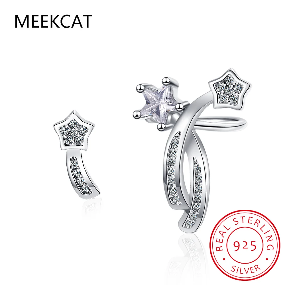 Real 925 Sterling Silver Sweet Asymmetric Star Shine CZ Stud Earring Boucle d'oreille For Women Wedding Fine Jewelry DA3019