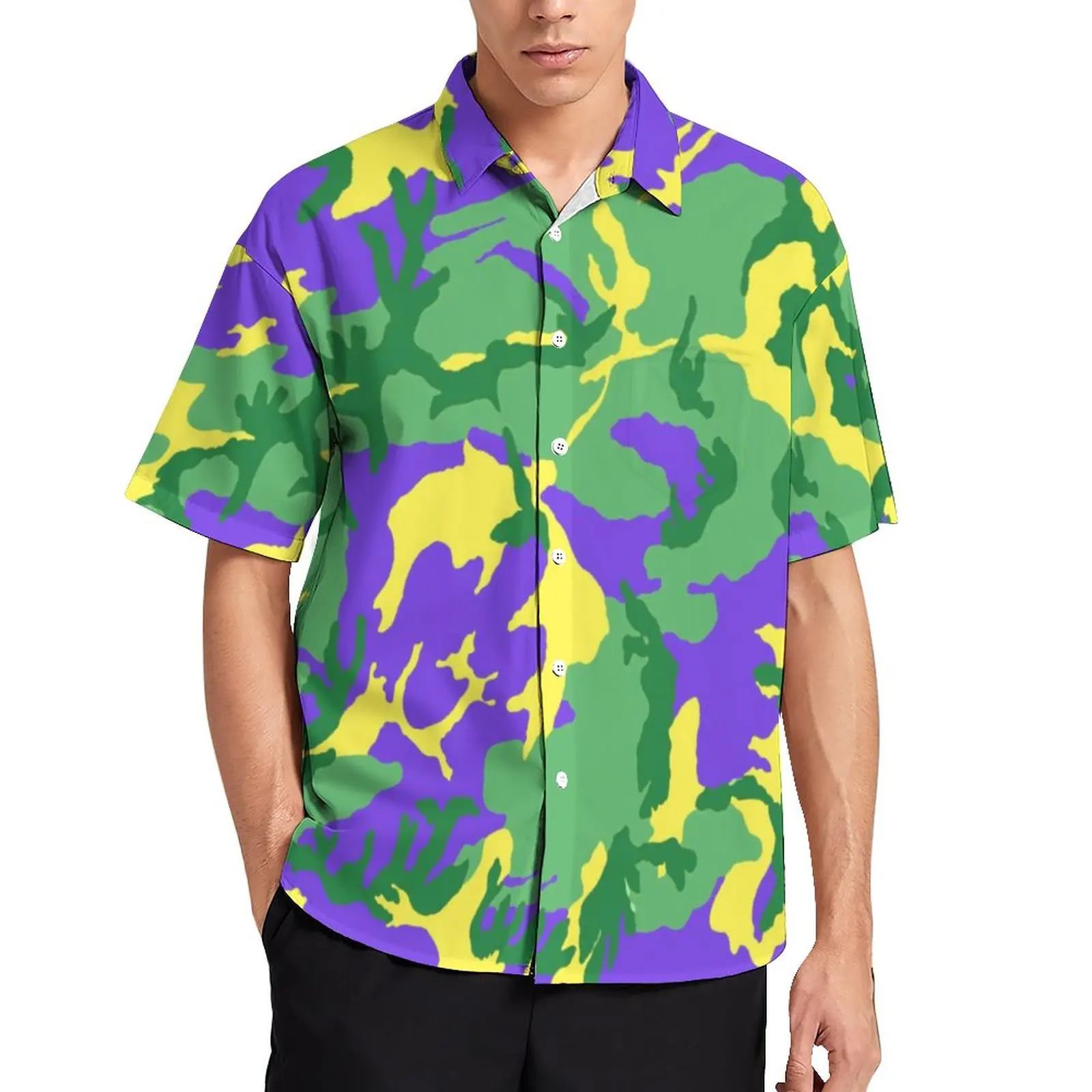 

Mardi Gras Camo Blouses Man Colorful Camouflage Casual Shirts Hawaii Short Sleeve Custom Street Style Oversized Vacation Shirt