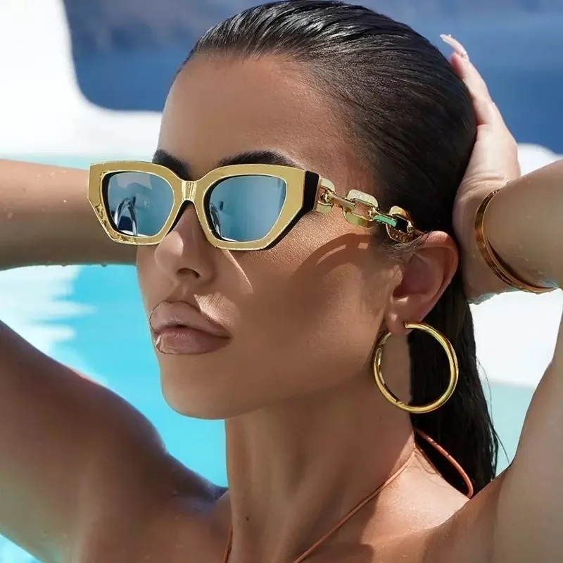 

Fashion Square Women Sunglasses Ins Trend Silver Mirror Sun Glasses Chain Frame Shades Glasses Men Wholesale Gafas De Sol Mujer