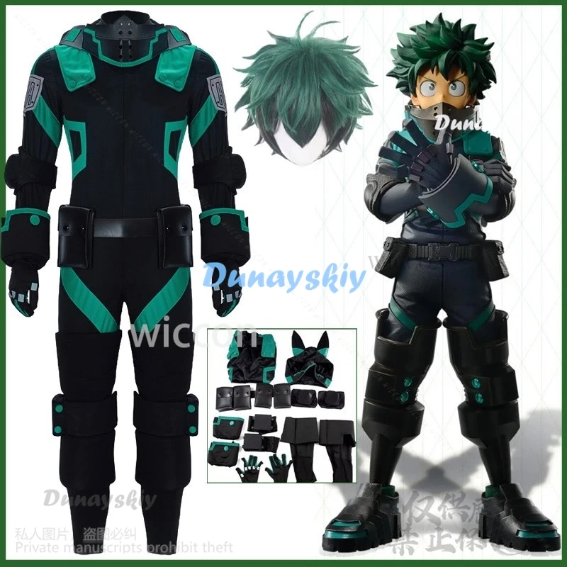 Аниме My Heo Academy Косплей Midoriya Izuku Костюм Парик Черная боевая форма Полный комплект