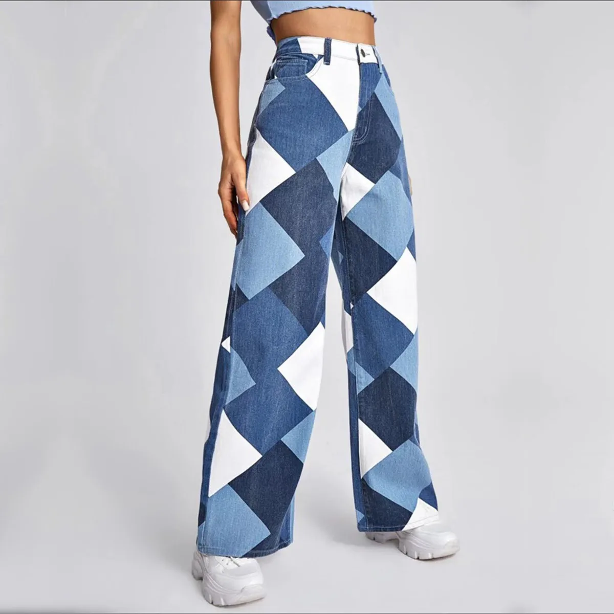 

Women Wide Leg Jeans Plaid Contrast Color Casual High Waisted Straight Pants Printing Denim Trousers Female Jeans