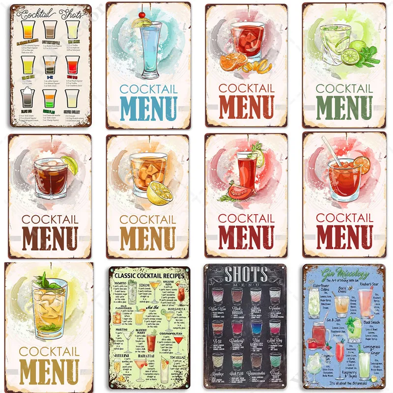 

Cocktail Menu Tin Sign Retro Metal Posters Iron Painting Home Decor for Bar Pub Club Man Cave Vintage Metal Sign Plaque Metal