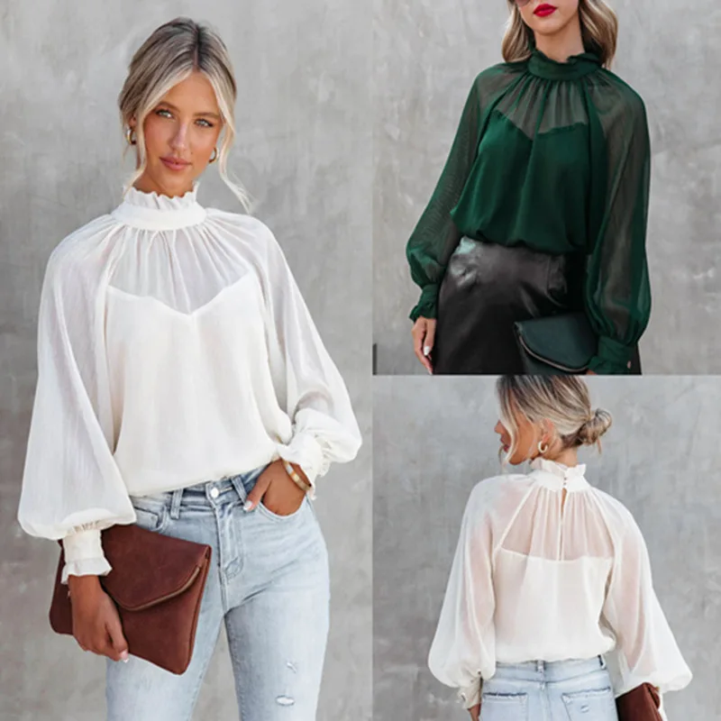 

2023 European and American women's casual new T-shirt semi-high collar lantern sleeve women's long-sleeved top